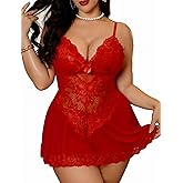 Alrovetoney Women Plus Size Babydoll Lingerie Lace Chemise Mesh Sleepwear Strappy Sexy Nightgown Boudoir Outfit L-4XL