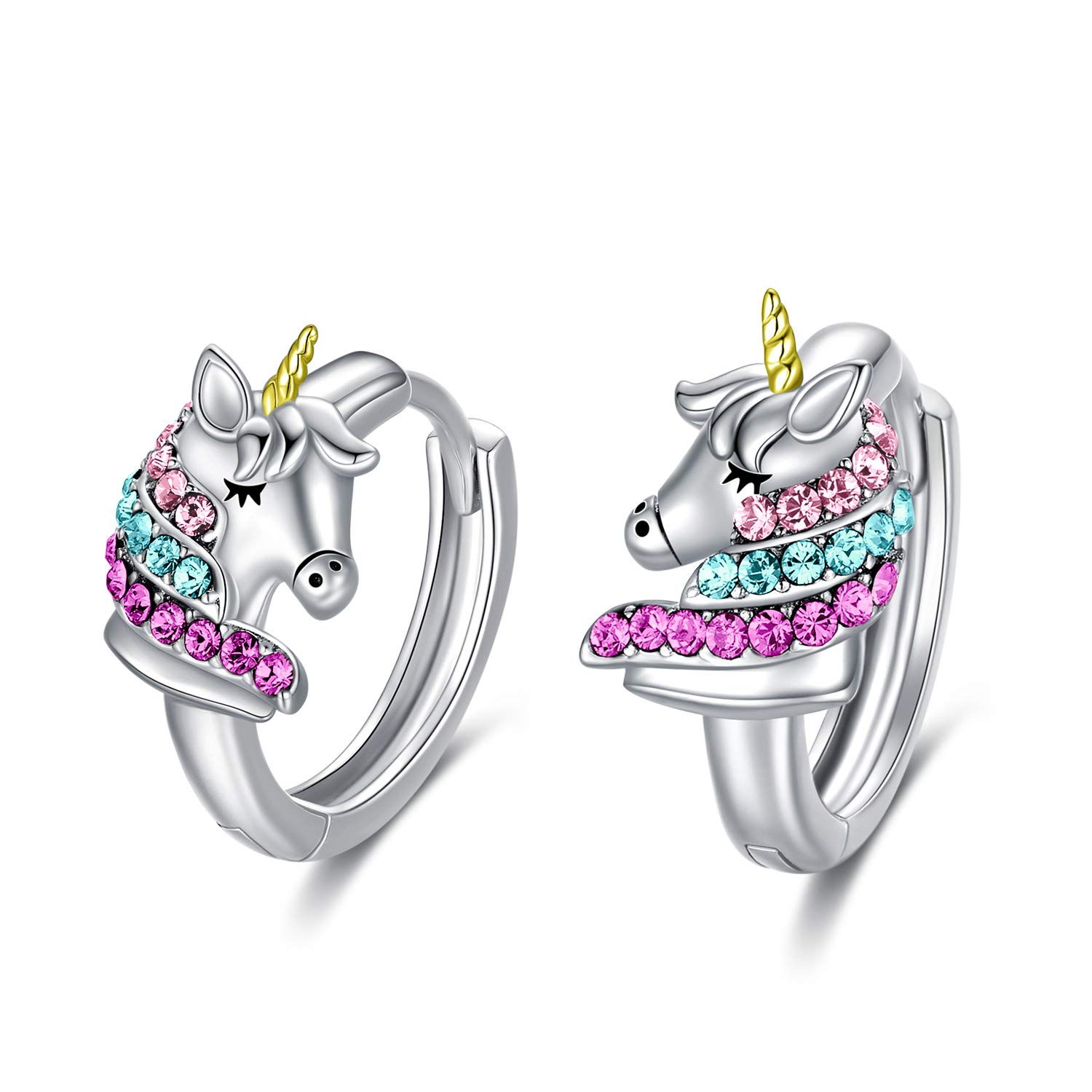 Sterling Silver Unicorn Hoop Earrings with Colorful Crystals, Unicorn Jewellery Birthday Gifts for Girls Women (Colorful 1)