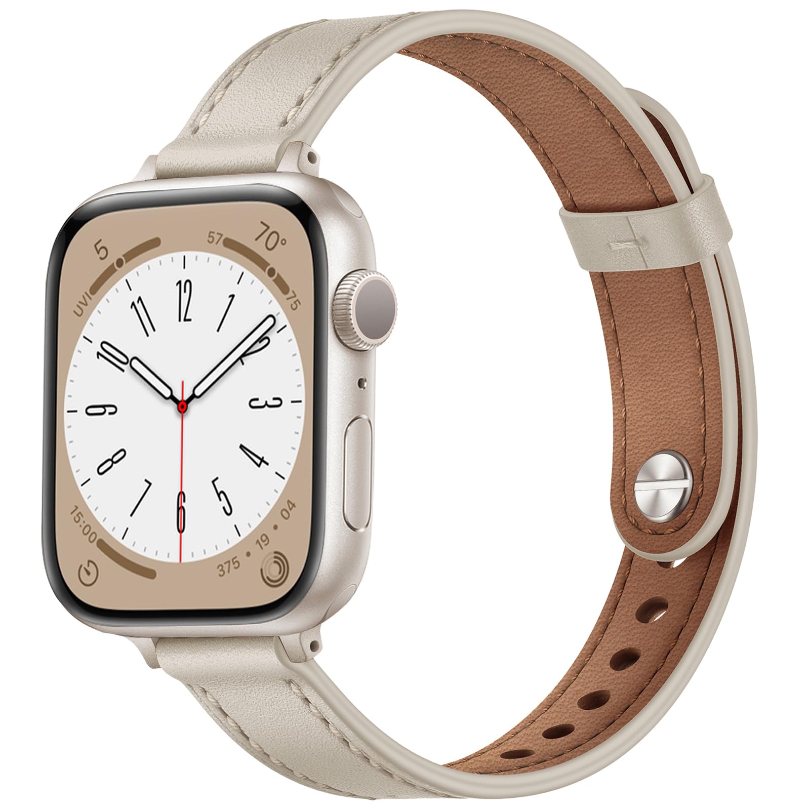 OUHENG Slim Bands Compatible with Apple Watch Band 42mm 41mm 40mm 38mm, Women Genuine Leather Replacement Thin Strap for iWatch SE 3/2/1 Series 11 10 9 8 7 6 5 4 3 2 1 (Starlight/Starlight)