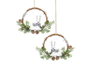 OOOFAYE 2pcs Small Christmas Wreath with Silver Reindeer, 9-inch Wreaths for Cabinets, Cabinet Wreaths for Kitchen Christmas, Outdoor Christmas Wreaths for Windows (Silver Reindeer)