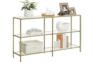 VASAGLE 51.2” Console Sofa Table with 3 Shelves, Entryway Table with Tempered Glass Shelf, Gold Color ULGT024A01
