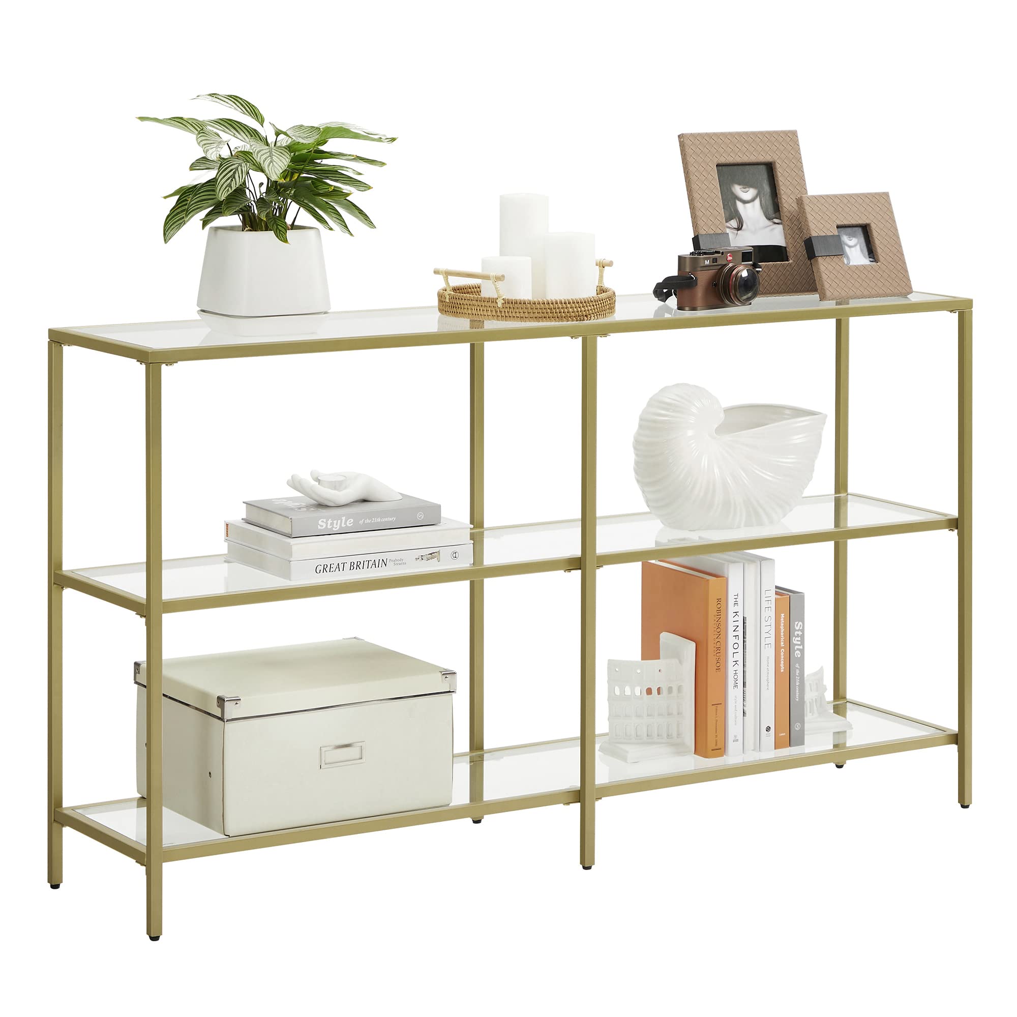 VASAGLE 51.2 Inch Console Table with 3 Shelves, Sofa Table, Entryway Table, Metal Frame, Tempered Glass Shelf, Modern Style, for Entryway Living Room Bedroom, Metallic Gold and Transparent ULGT024A01