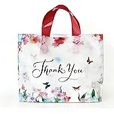 50 Pack Thank You Gift Bags with Handles, Medium Plastic Gifts Wrap Bag Bulk for Wedding, Birthday, Retail, Business, Party Supplies with Rose Red Ti Pattern