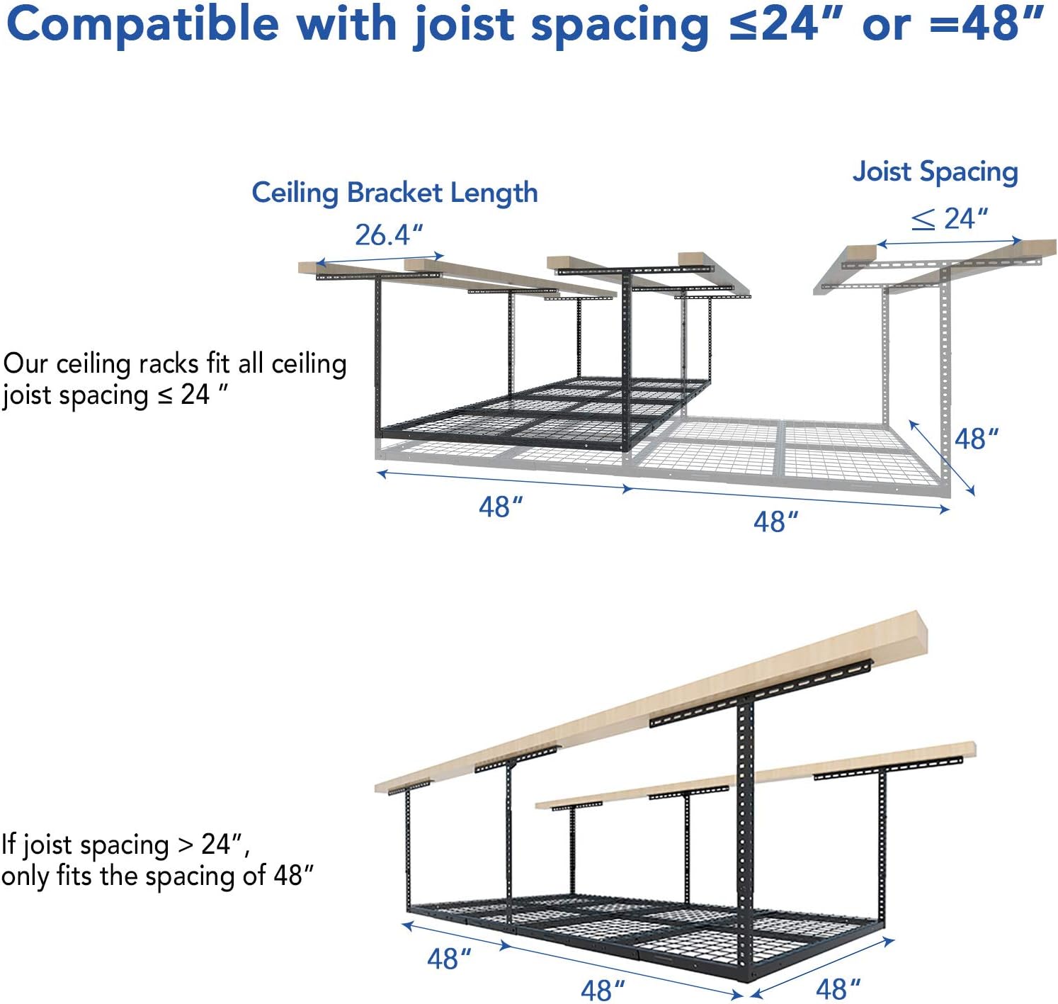 FLEXIMOUNTS 4x8 Overhead Garage Storage Rack w/Hooks Adjustable Ceiling Storage Rack, 96" Length x 48" Width x 40" Height, 22''-40" Ceiling Dropdown, Black - - 