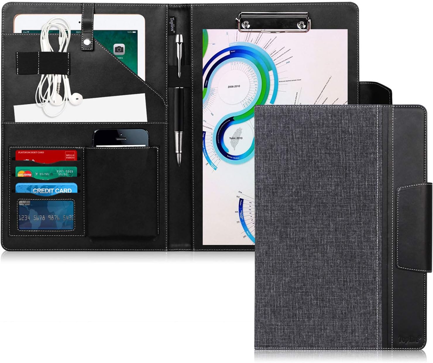 Toplive Portfolio Folder A4 Leather Conference Folder Business Padfolio with A4 Writing Pad, Document Bag,Card Holder,Tablet Sleeve(Up to 10.5 Tablet),Binder for Business School Office,Black