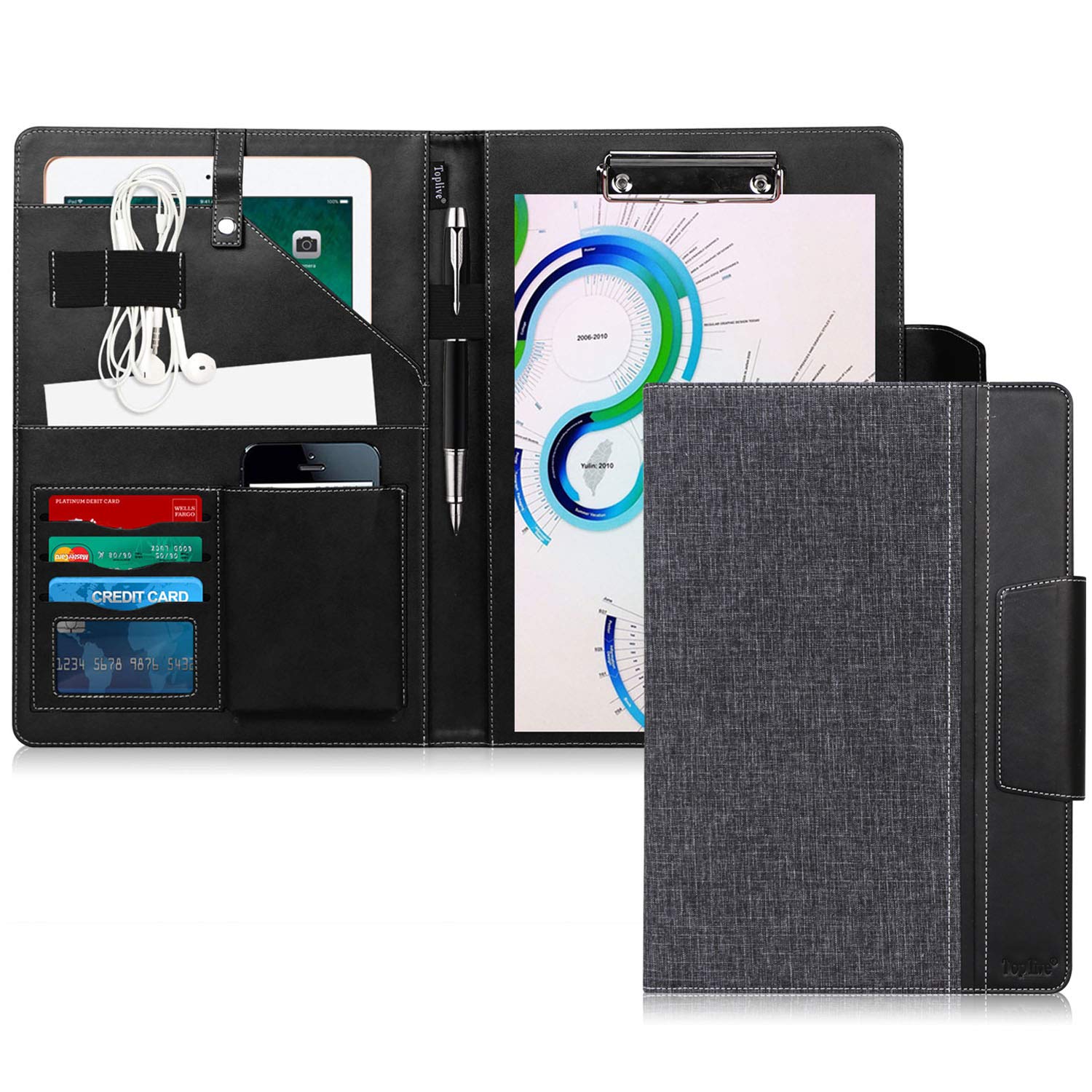 Toplive Portfolio Case Padfolio, Executive Business Document Organizer with A4 Size Clipboard