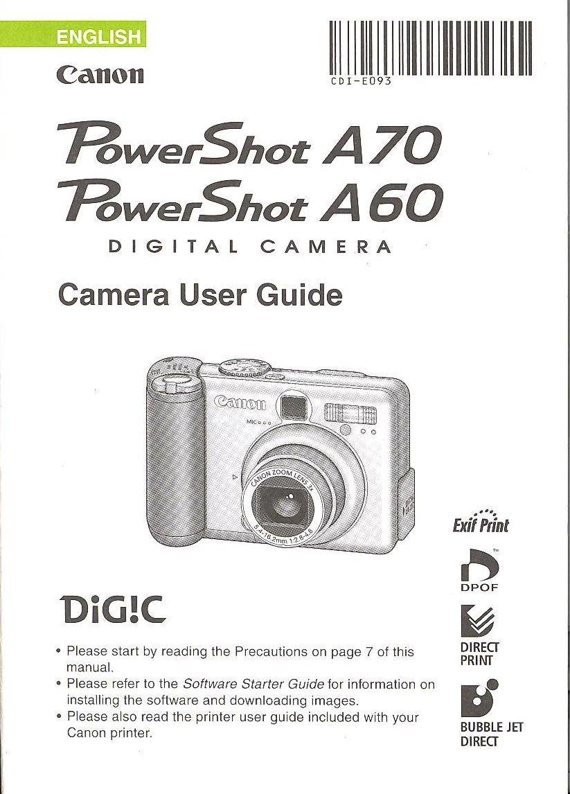 Canon PowerShot A70 / Canon PowerShot A60 Digital Camera User Guide/  Original Instruction Manual Paperback – 2003
