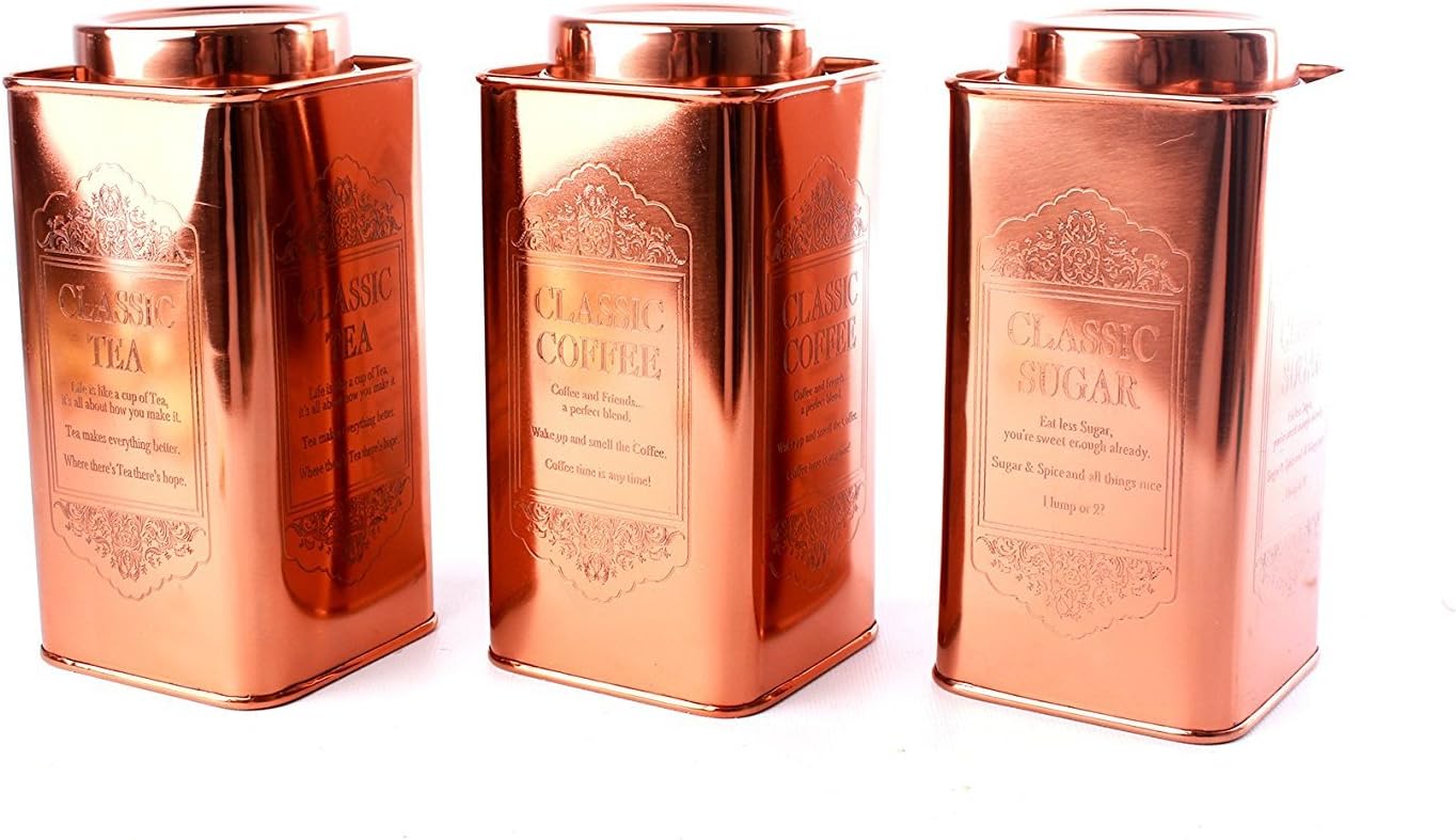 Set of 3 Copper Tins Tea, Coffee & Sugar Canisters Jars Small/Large Sizes Kitchen Storage (Large)