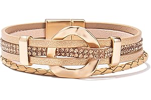 FANCY SHINY Leather Cuff Bracelet Circle Rhinestone Wrap Bracelet Stackable Multi Layer Wristband with Clasp Boho Jewelry Gift for Women