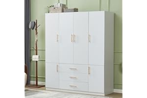 Sophshelter Armoire Wardrobe Closet, Wooden 4-Door 3 Drawers White Closet Cabinet for Large Capacity, Armoires and Wardrobes Closet for Hanging Clothes with Hanging Rod 63" L x 20.3" W x 74.2" H