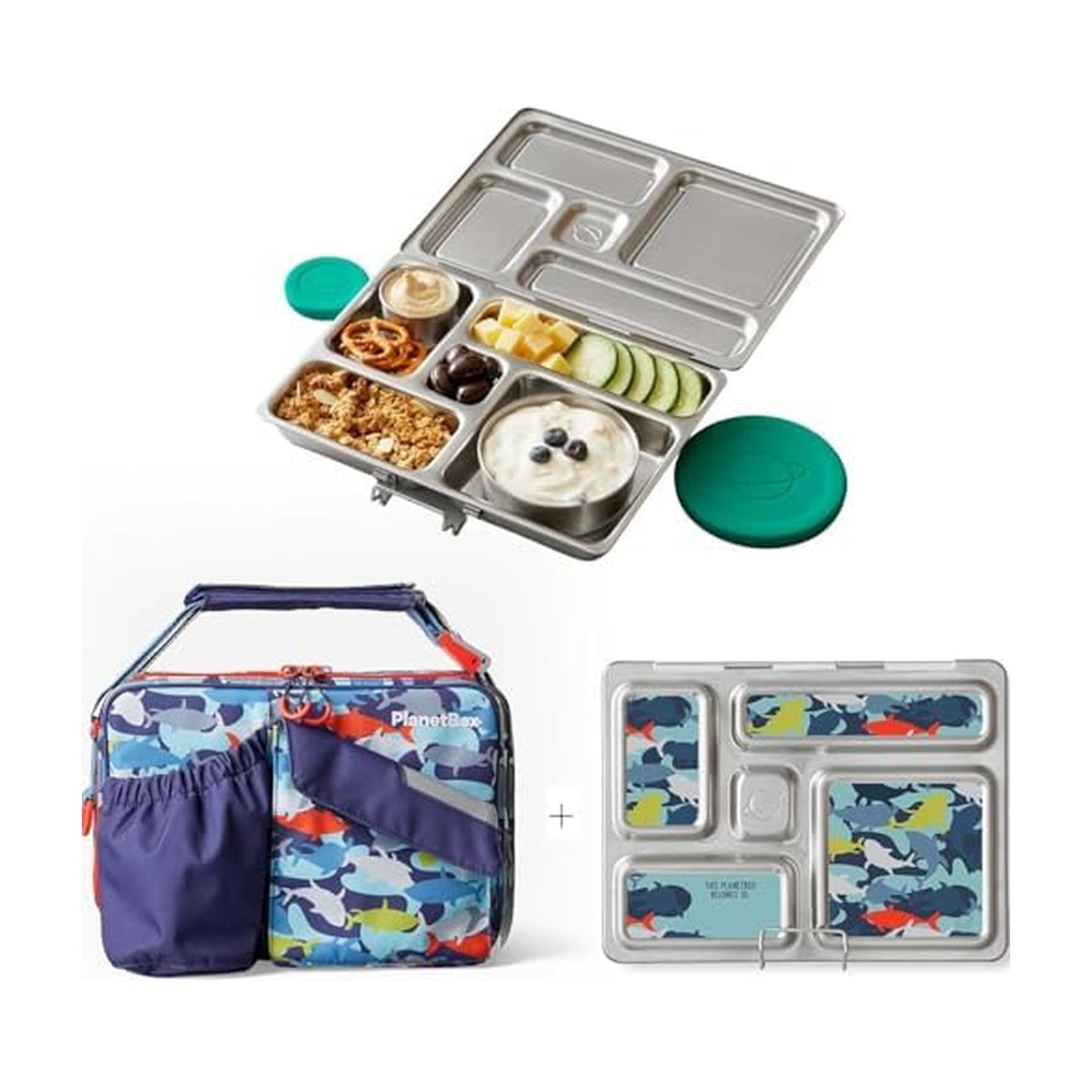 Photo 1 of PlanetBox Rover Stainless Steel Bento Box Style Lunch Box Kit for Kids with 5 Compartments, Camo Shark Edition includes Insulated Lunch Bag, Leakproof Food Containers and Matching Magnets