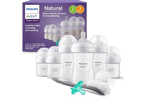 Philips Avent Newborn Gift Set - Bottles with Natural Response Nipples, 3 x 4oz/125ml (Slow Flow, Flow 2), 3 x 9oz/260ml (Med