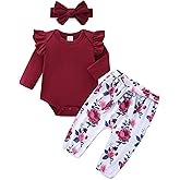 Bibimom Infant Girl Clothes Long Sleeve Ruffle Bodysuit Floral Pants Bow Headband Sets Fall Winter Spring Outfits