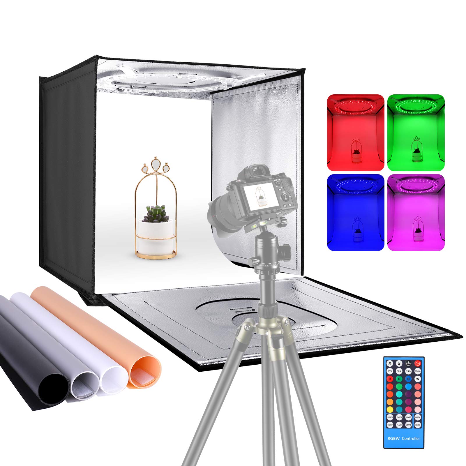 NEEWER Photo Studio RGB Light Box with APP Control and Infrared Remote Control, Foldable Table Top 20 inches/50cm Shooting Tent with 72 RGB LEDs/Adjustable 2-20W/6000K-6500K/4 Colors Backdrops