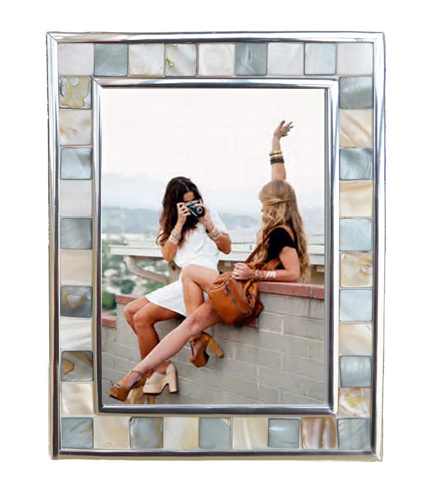 GIFTME 5 Silver Plate Picture Frame 4x6 Mother of Pearl 4 by 6 Photo Frame Mosaic Glass Tabletop Frame (Grey+ White,1pc)