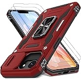 DEERLAMN Case for iPhone 17e/iPhone 16e 6.1-Inch with Slide Camera Cover+Screen Protector (2 Packs), Rotated Ring Kickstand Military Grade Shockproof Protective Cover-Red