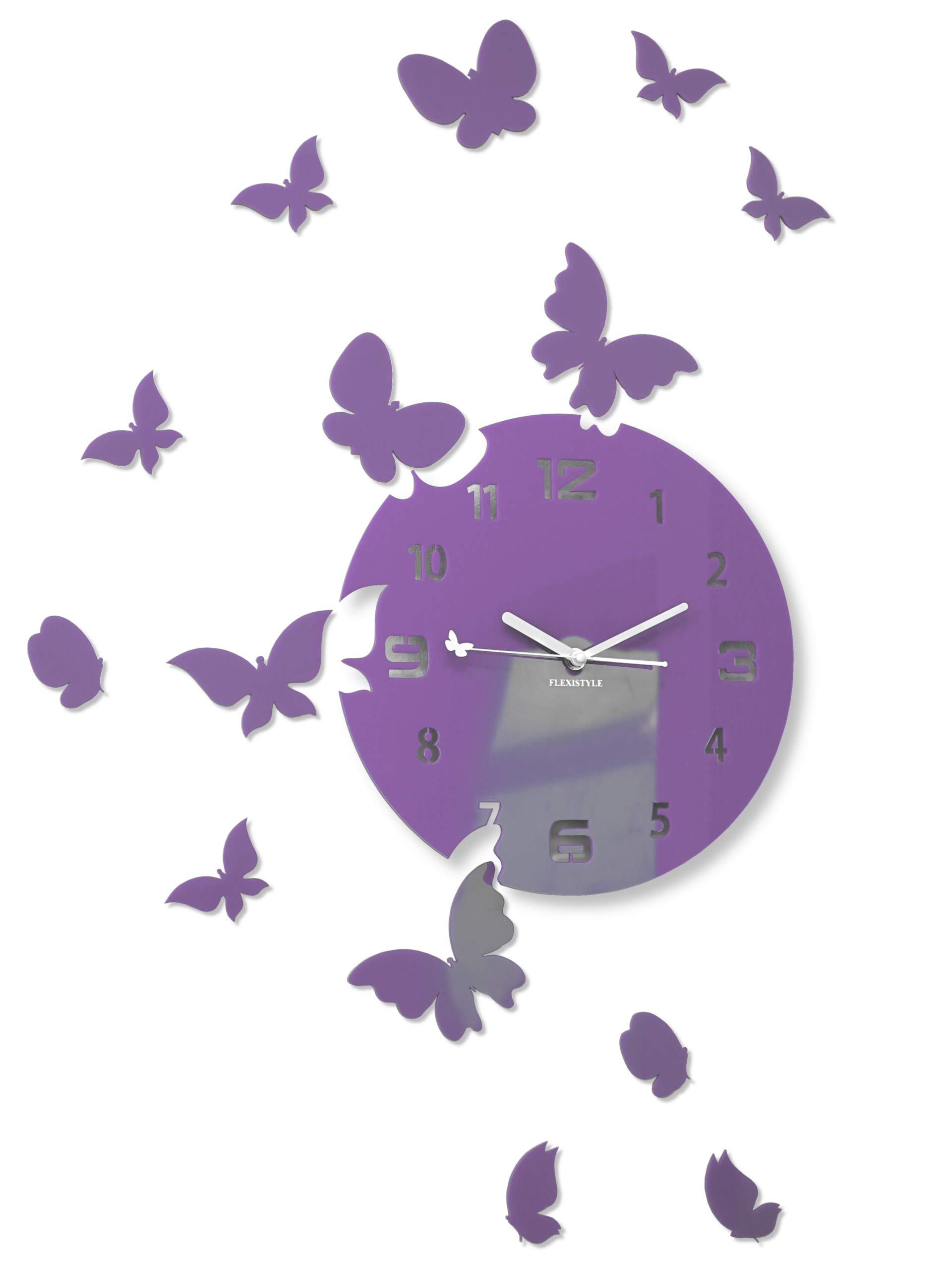FLEXISTYLE Large Modern Wall Clock Butterfly Round 30 cm 15 Butterflies Living Room Bedroom Children's Room Product Made in the EU (Purple (Milka))
