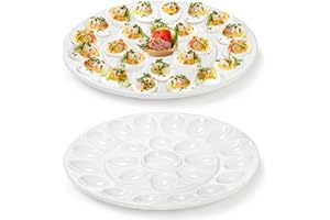 Foraineam 2 Pack 12.6 Inches Porcelain Deviled Egg Tray/Platter, White Egg Dish with 25 Compartments