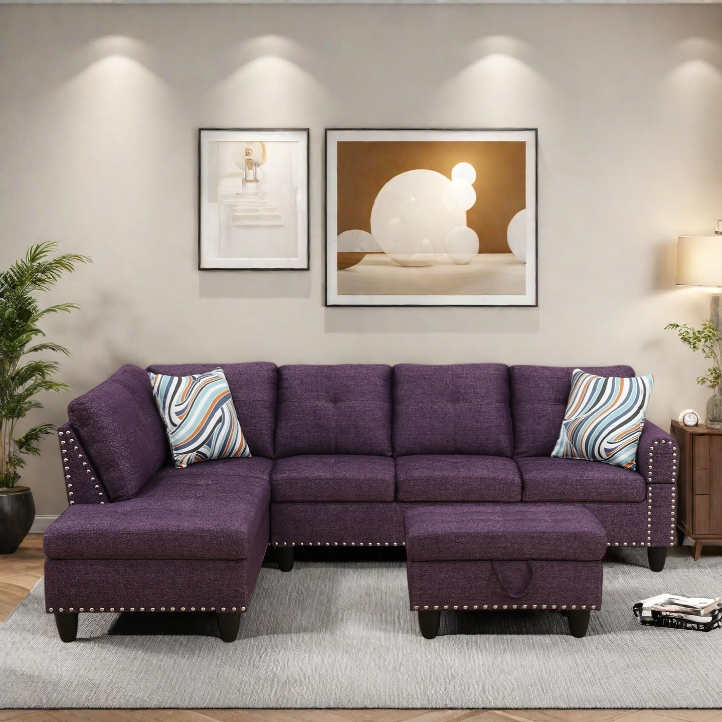 Photo 1 of GlasFlength Modern Living Room Furniture Sets with Cup Holder, Modular Sectional Couches with Chaise Lounge, 4-Seaters L Shape Sofa with Storage Ottoman, for Living Room, Apartment, Purple