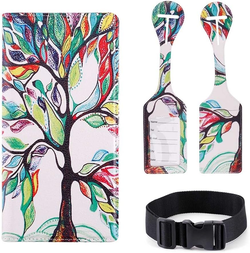 Passport Wallet Holder Cover Leather Travel Wallet Case for Men & Women with 2 Matching Luggage Tags and Strap (LOVE TREE)
