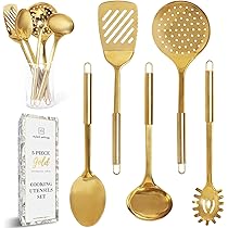 Set de 4 ustensiles de cuisine en laiton vintage complètes avec support
