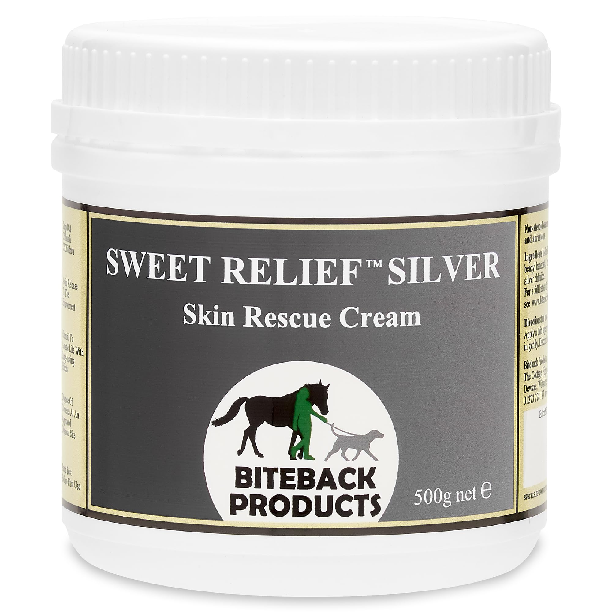 Biteback 'Sweet Relief Silver' Cream - Essential Silver Cream for Horses & Dogs, Antiseptic for Minor Abrasions & Rubs, Ideal for First Aid Kit, Skin Care & Revival - 500g