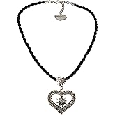 Alpenflüstern Bavarian drawstring cord necklace with rhinestone Edelweiss heart, Ladies costume jewelry, traditional german pendant necklace for Dirndl, Leather trouser, Oktoberfest (black)