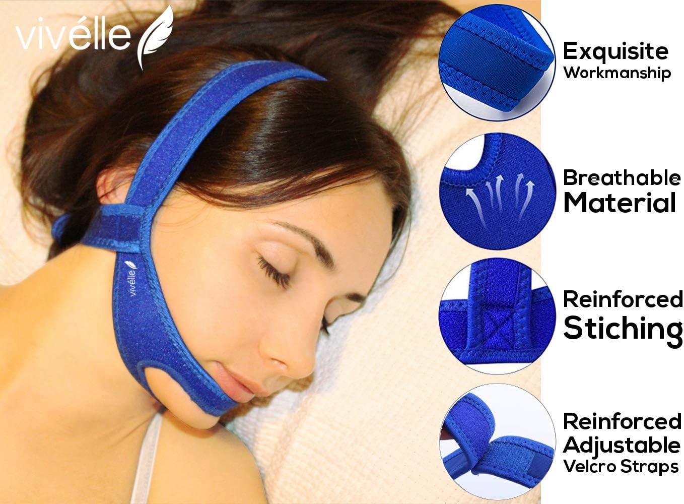 CPAP Bi-Pap VPAP BPAP TMJ Chin Strap Anti Snoring Chin Strap for Men and for Women - Snore No More by Vivélle, Slim-Non-Slip, Adjustable, Premium Snore Stopper Device That Helps You Day and Night: Health & Personal Care