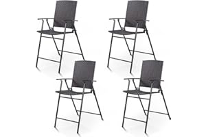 Giantex Set of 4 Folding Wicker Rattan Bar Chairs High Stool with Back Steel Frame Portable Outdoor Indoor UV Resistant Barstools Garden Patio Furniture Set w/Armrests Footrest