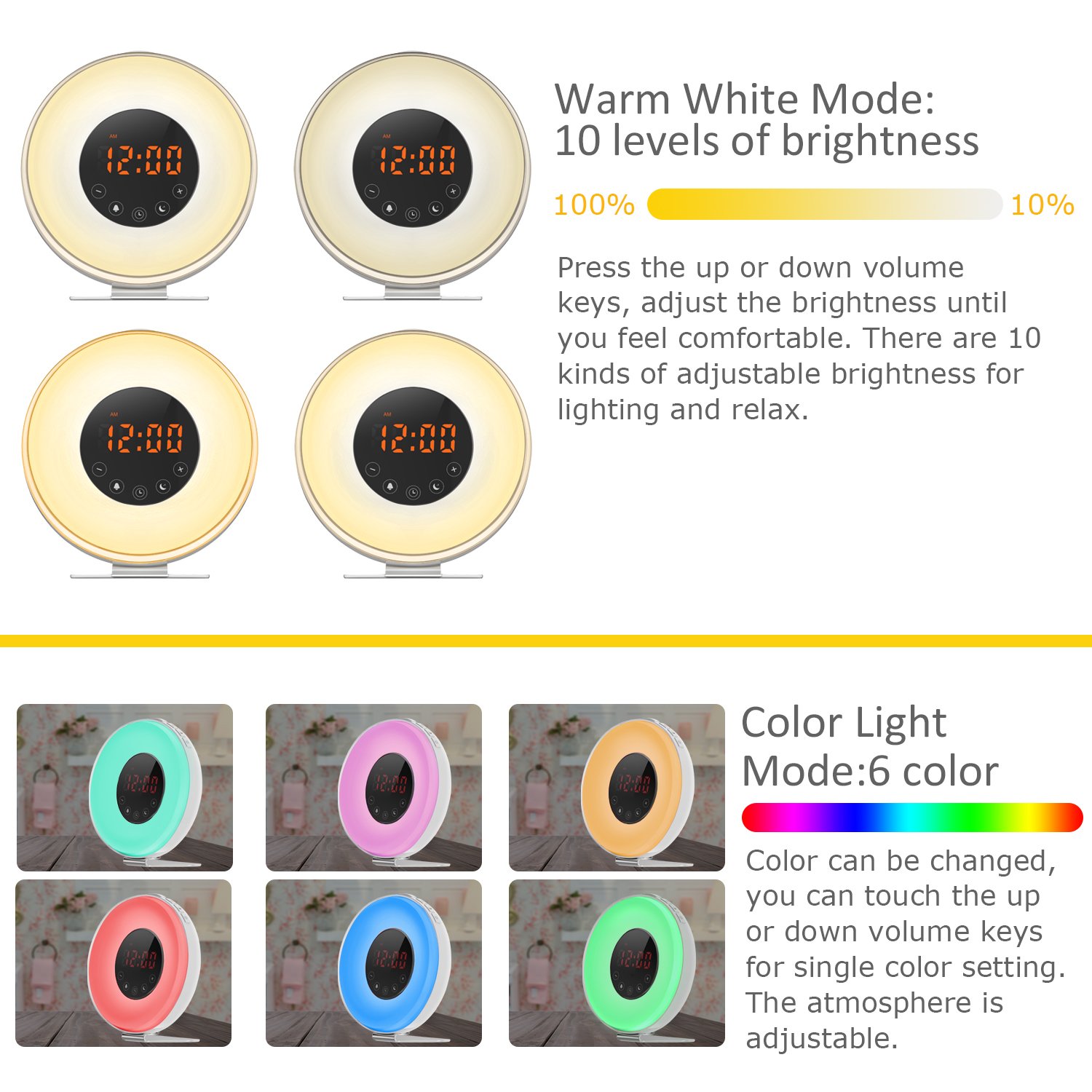 Wake Up Light Alarm Clock,Lobkin Sunrise Simulator Digital Clock with 7 Colors Light,Nature Sounds with FM Radios,Touch Control and USB Charger