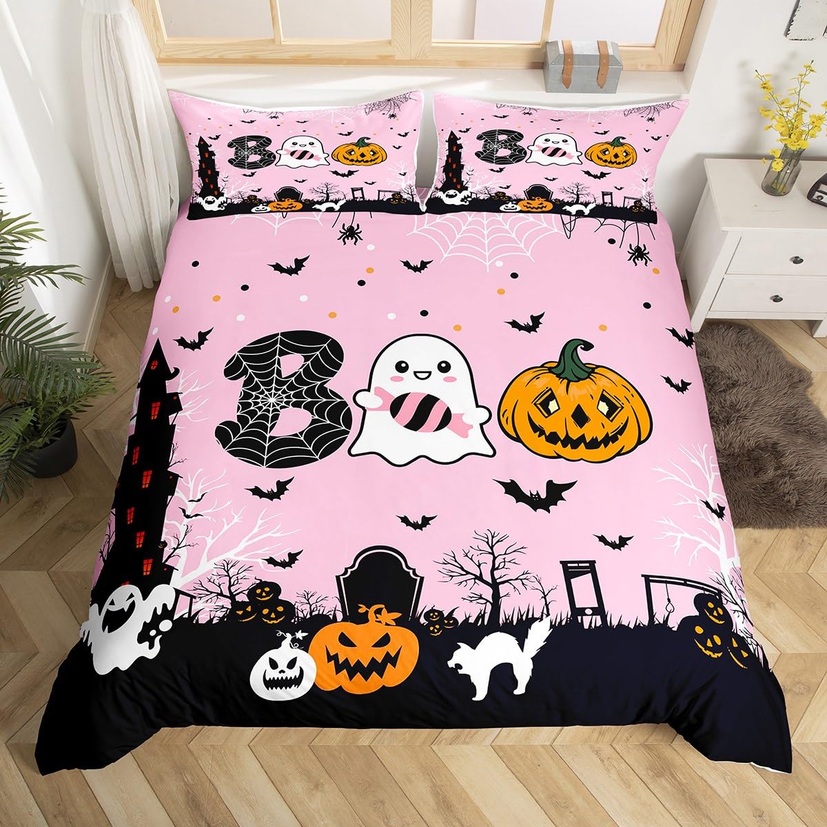 Manfei Halloween Duvet Cover Set Single Size, Cute Pumpkin Ghosts Comforter Cover with 1 Pillowcase, Spider Bats Print Bedding Set 2pcs for Kids Boys Girls Bedroom Decor Lightweight Bedspread Cover