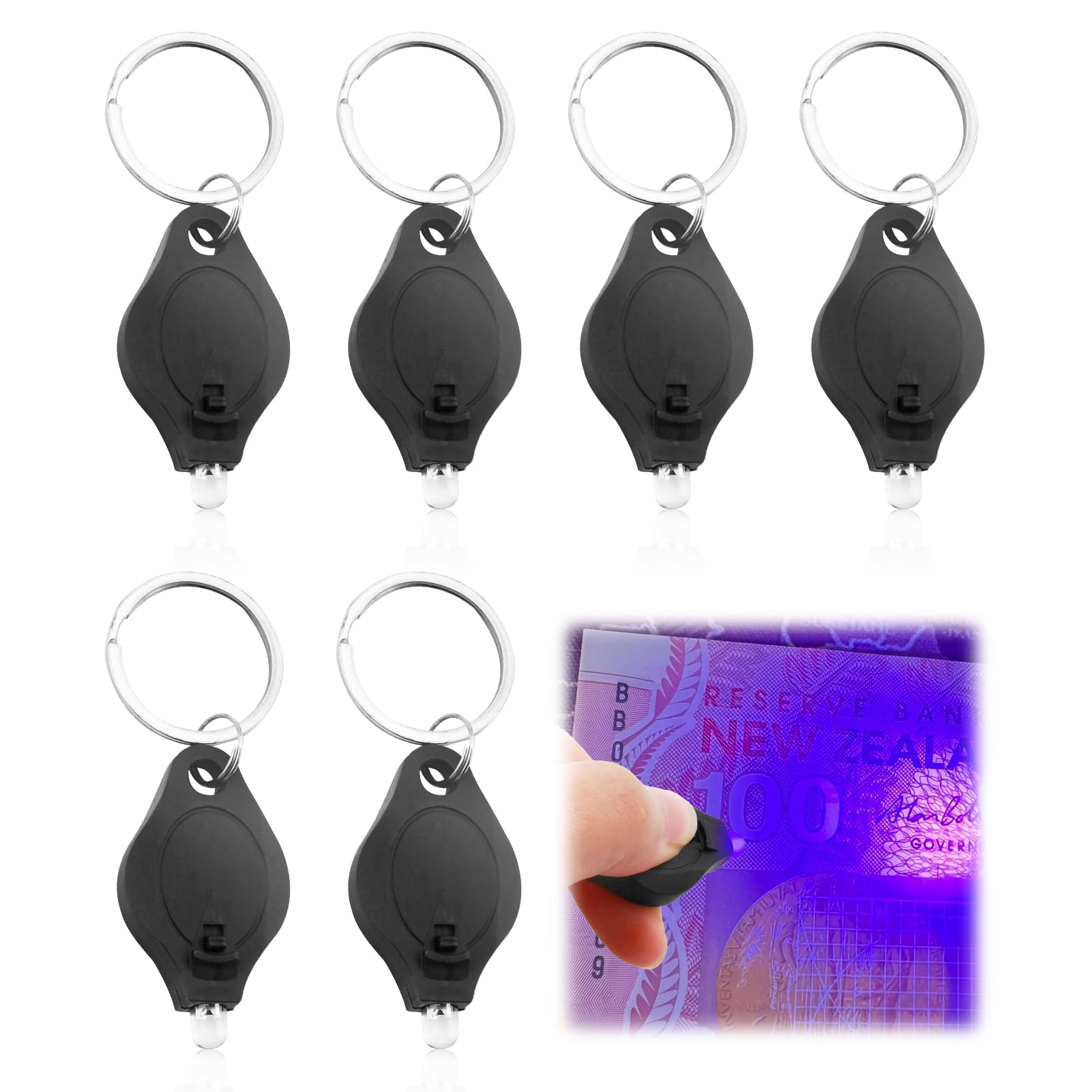 6PCS Note Checker Blacklight Mini LED Keychain Torches Flashlight UV Detector Watermark Torch Money Checker Pocket Small Flashlights Portable Flashlight for Paper Notes Keyring Keychain(Black)