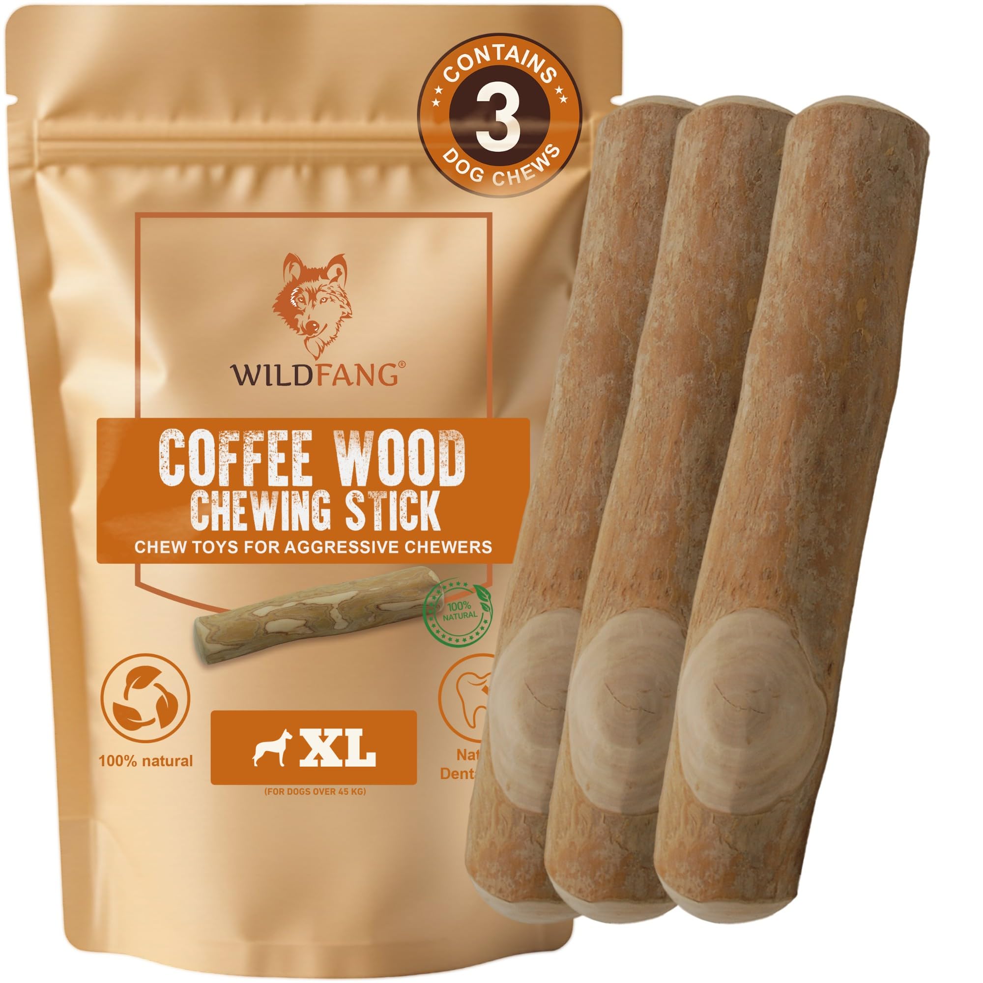 Wildfang 3 x Dog Chew Sticks Coffee Wood (XL) Chew Toy for Puppies and Dogs - Sturdy Chew Wood Against Tartar and Bad Breath - Dental Care and Use