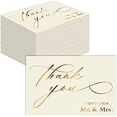 Better Office Products 50 Pack Wedding Thank You Cards in Metallic Gold with Envelopes, Thank You From The New Mr and Mrs, 4 x 6 Inch, Blank Cards, 50 Count Boxed Set