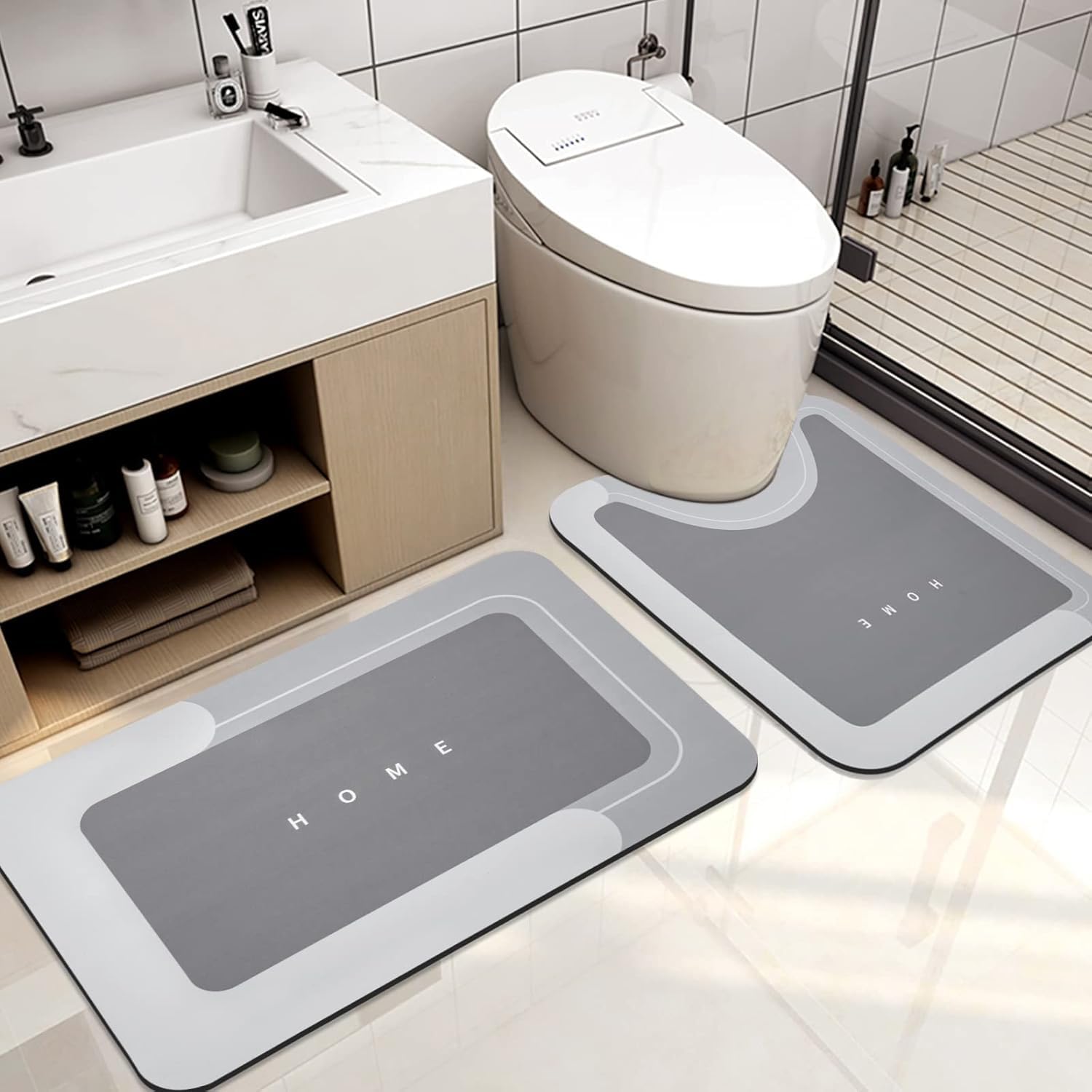 Bingobang 2 PCS Absorbent Bath Mat Set Non Slip Anti Mould, Diatom Mud Bathroom Shower Mat, Washable Quick-Dry 4 Layer Thickened Toilet Floor Rug (Light Gray Combination, 45 x 75 cm + 45 x 60 cm) — image 1