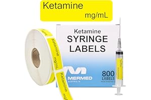 MERMED Ketamine mg/mL Syringe Labels - 800 Pre-Printed Write-On Dose Medication Anesthetic Stickers on Roll (1" Core) in Dispense Box. 12mm x 40mm (0.5” x 1.5”). Strong Latex-Free Permanent Adhesive.