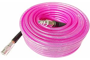 SANFU Polyurethane(PU) 1/4-Inch x 100ft Reinforced, lightweight Air Hose With 1/4” Swivel Industrial Quick Coupler and Plug, Bend Restrictor, Transparent Pink(100’)