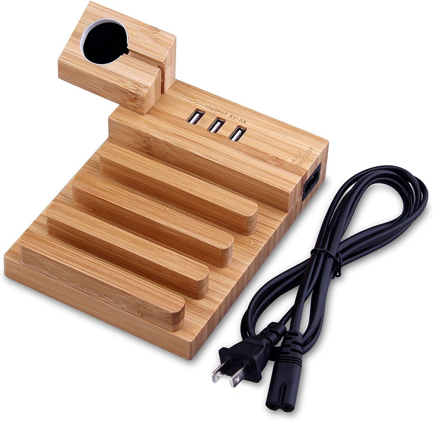 MOOZO Bamboo Wood Multi-Device Desktop 3 USB Charging Dock Station Charger Holder Cradle Stand Compatible iPhone X 8 7 6 6S Plus iPad Apple Watch 2 3 4 / iWatch Samsung Galaxy S8 S7 S6 Edge Smartphone