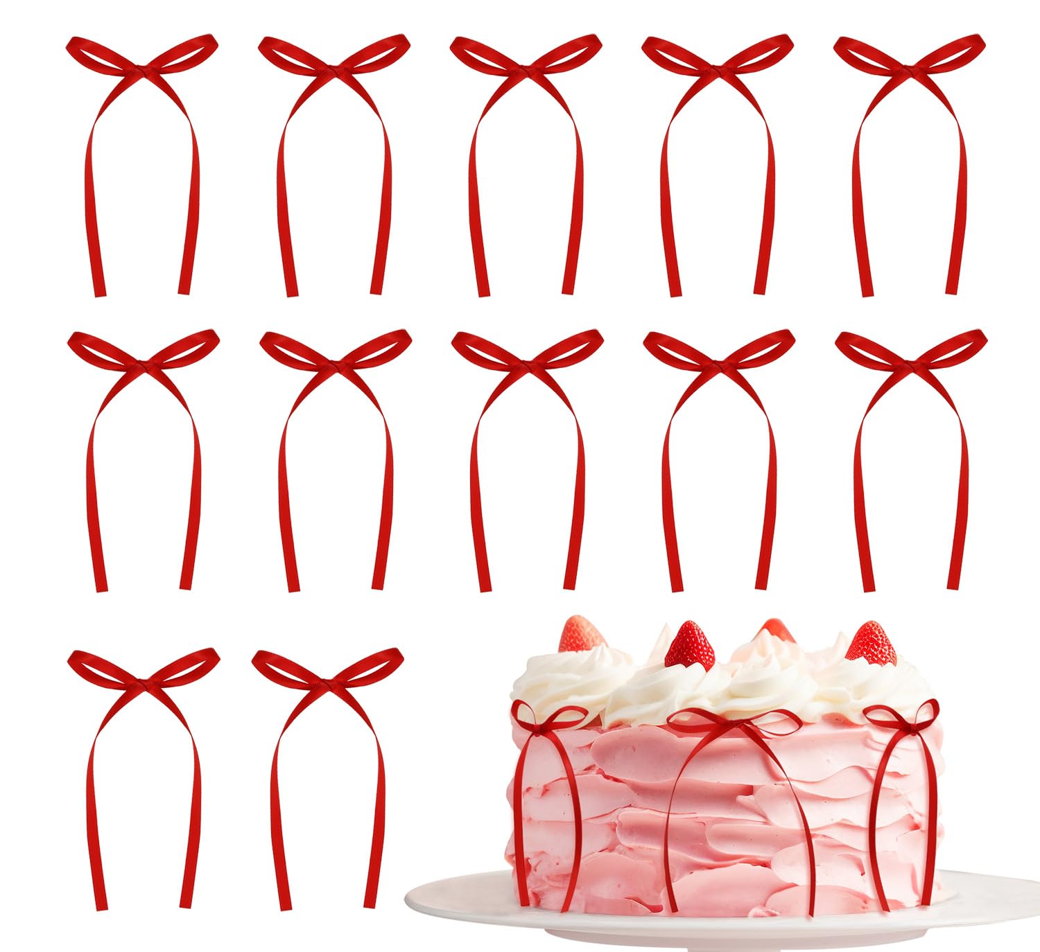 Photo 1 of Penta Angel Bow Cake Toppers 20Pcs Vintage Satin Bowknot Ribbons Cupcake Toppers Coquette Themed Birthday Wedding Bridal Shower Party Decoration (Red)