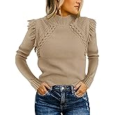 Saodimallsu Womens Cable Knit Sweaters Mock Neck Fringe Fitted Long Sleeve Boho Trendy Pullover Tops