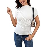 SweatyRocks Women's Casual Short Sleeve Mock Neck Tee Top Asymmetric Ruched Plain T Shirt
