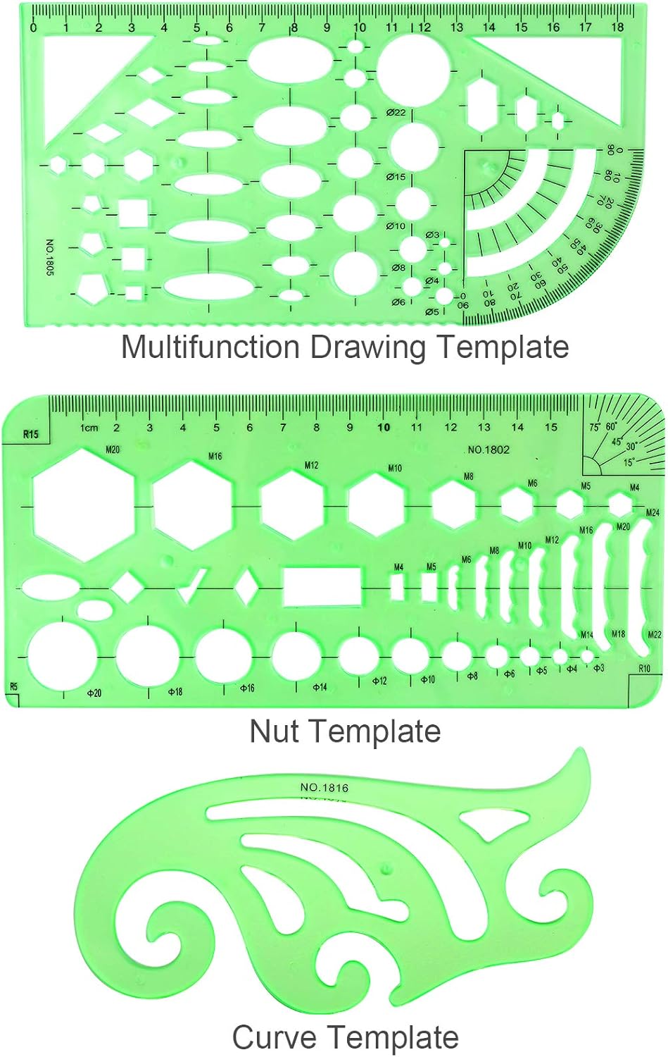 11PCS Geometric Drawings Templates, Drafting Stencils Measuring Tools, BetyBedy Plastic Clear Green Ruler Shapes with a Zipper Bags for Architecture, Office, Studying, Designing and Building : Kitchen & Dining