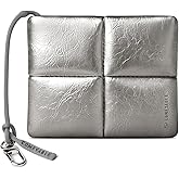 Comfyable Cute Puffy Coin Purse Pouch Change Holder For Women, Small Organizer with Hidden Lanyard, Magnetic Closure, Water-repellent, Storage for Coins, Airpods, Lipstick, Card, Silver