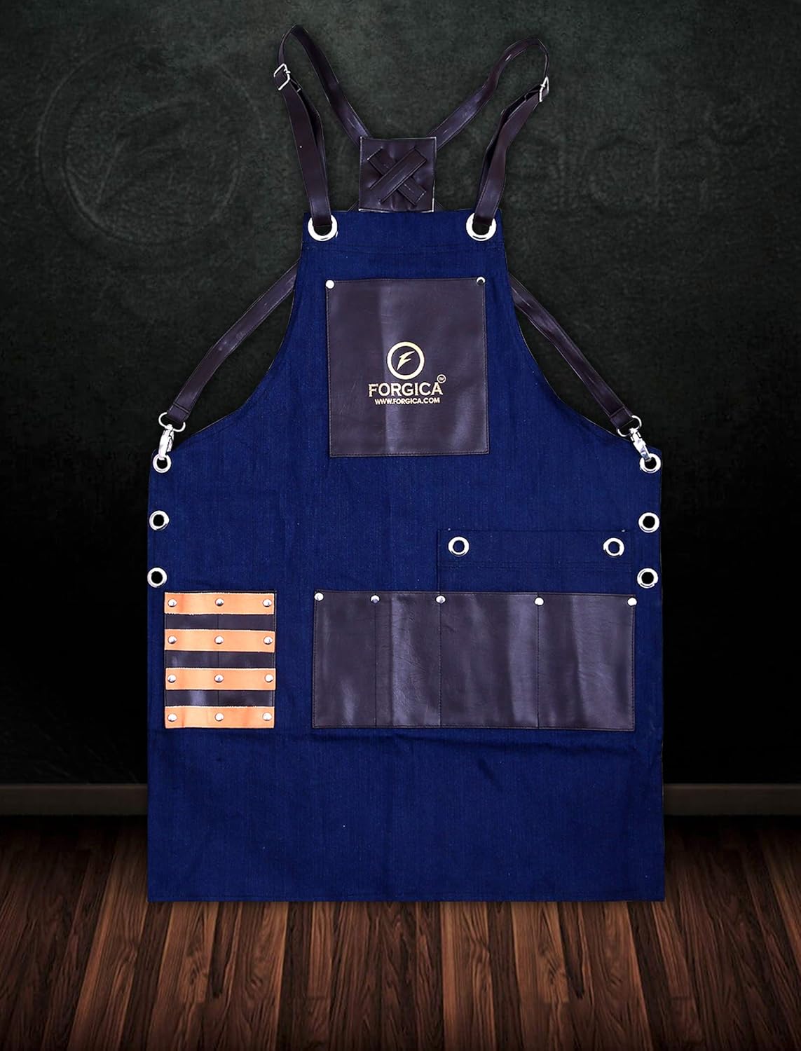 FORGICA Professional Leather Apron Hair Cutting Hairdressing Barber Apron Cape for Salon Hairstylist - Multi-use, Adjustable with 8 pockets - Heavy Duty Premium Quality - NY Edition (Dark Brown-Blue)