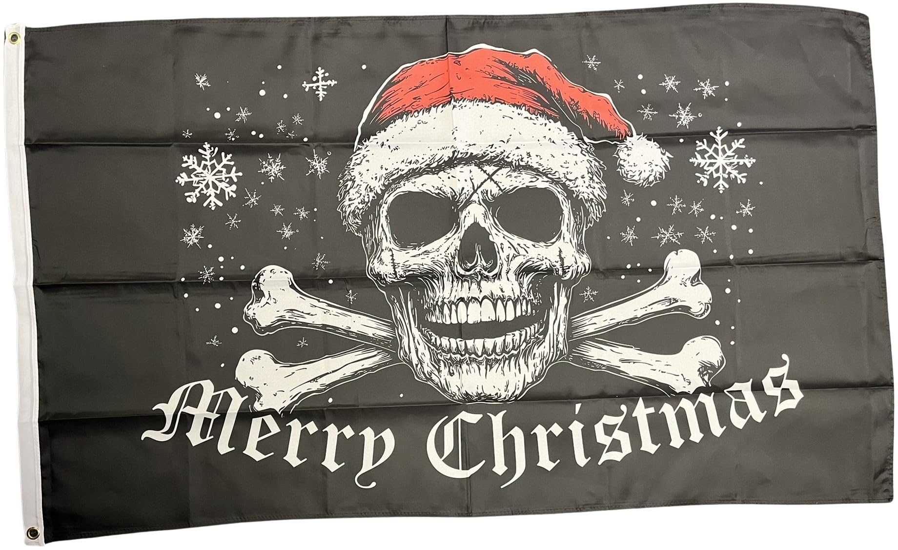 NWFlags Merry Christmas Skull Flag 5ft x 3ft 75d Premium Polyester Suitable For Flagpoles | Strong Polyester 5x3 foot material flag with Eyelets Happy Xmas Festive Banner happy pirate skull crossbones
