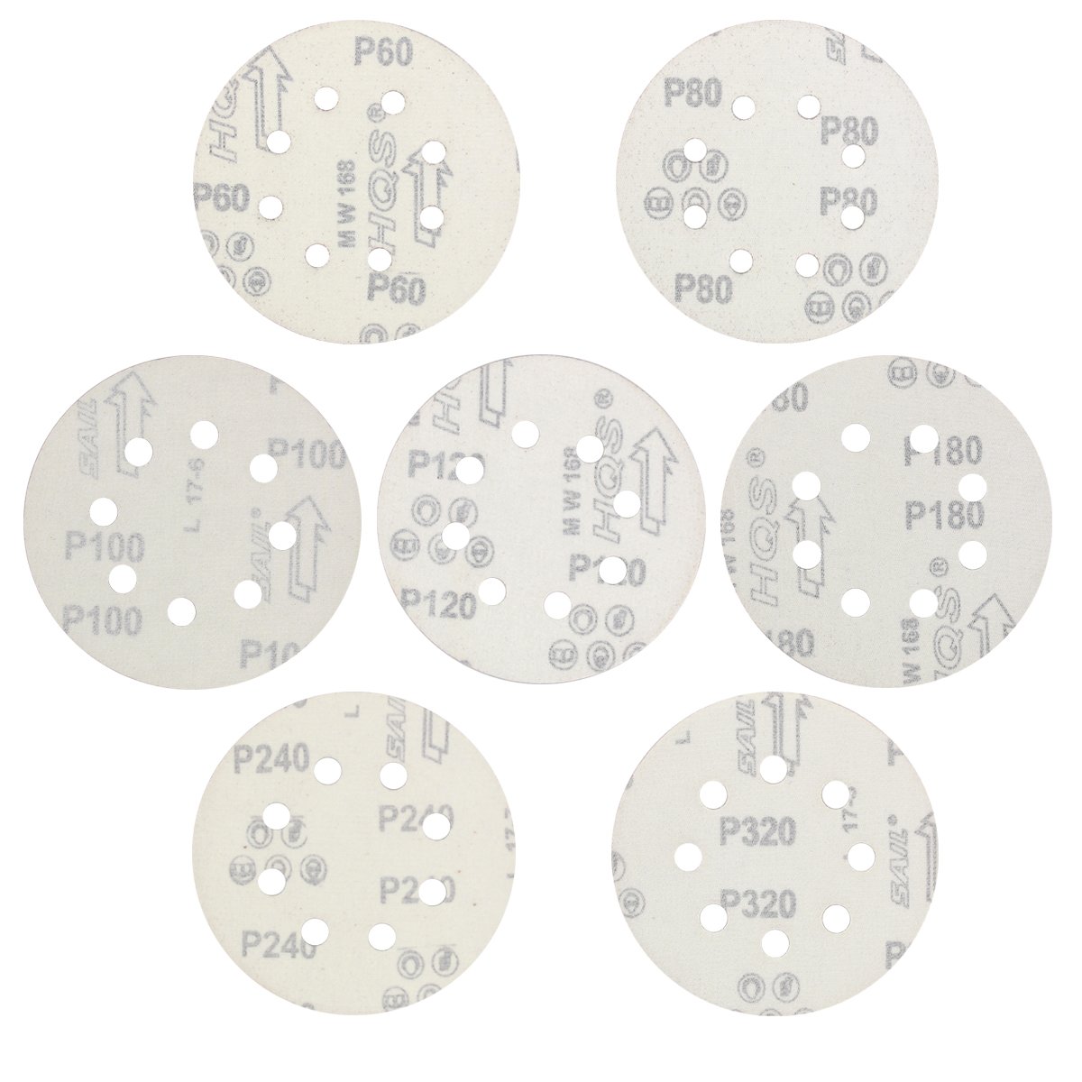 Naisidier 70Pcs 8 Holes Sanding Discs 5inch Hook and Loop Sandpaper Sanding Sheets Assorted 60/80/100/120/180/240/320 Grit for Random Orbital Sander