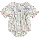Foidiccx Infant Baby Girl Bunny Outfit Rabbit Embroidery Floral Print Smocked Romper Short Sleeve Bunny Bodysuit
