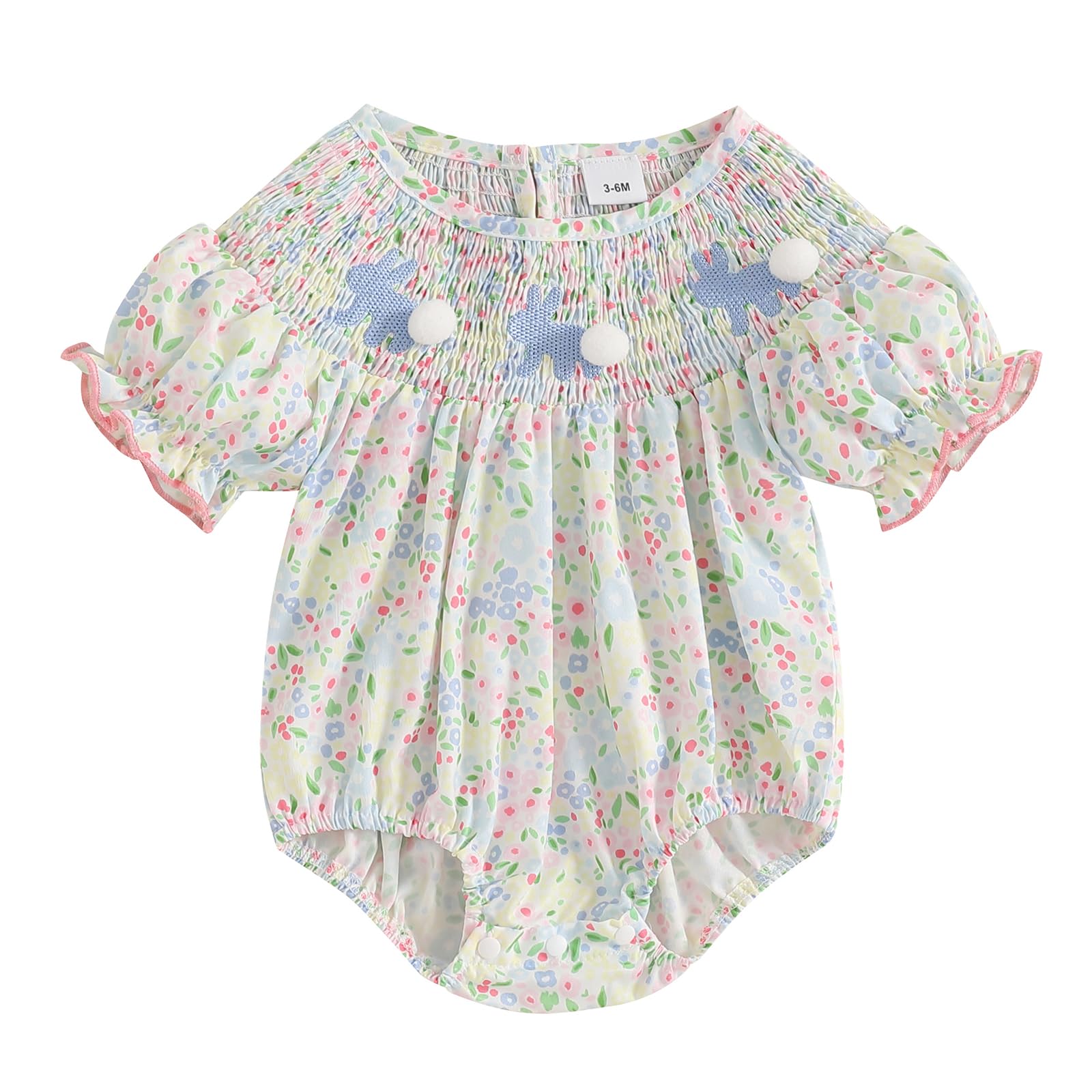 Photo 1 of Foidiccx Infant Baby Girl Easter Outfit Rabbit Embroidery Floral Flower Print Smocked Romper Puff Short Sleeve Bunny Bodysuit Cute Summer Clothes (Green, 12-18 Months)