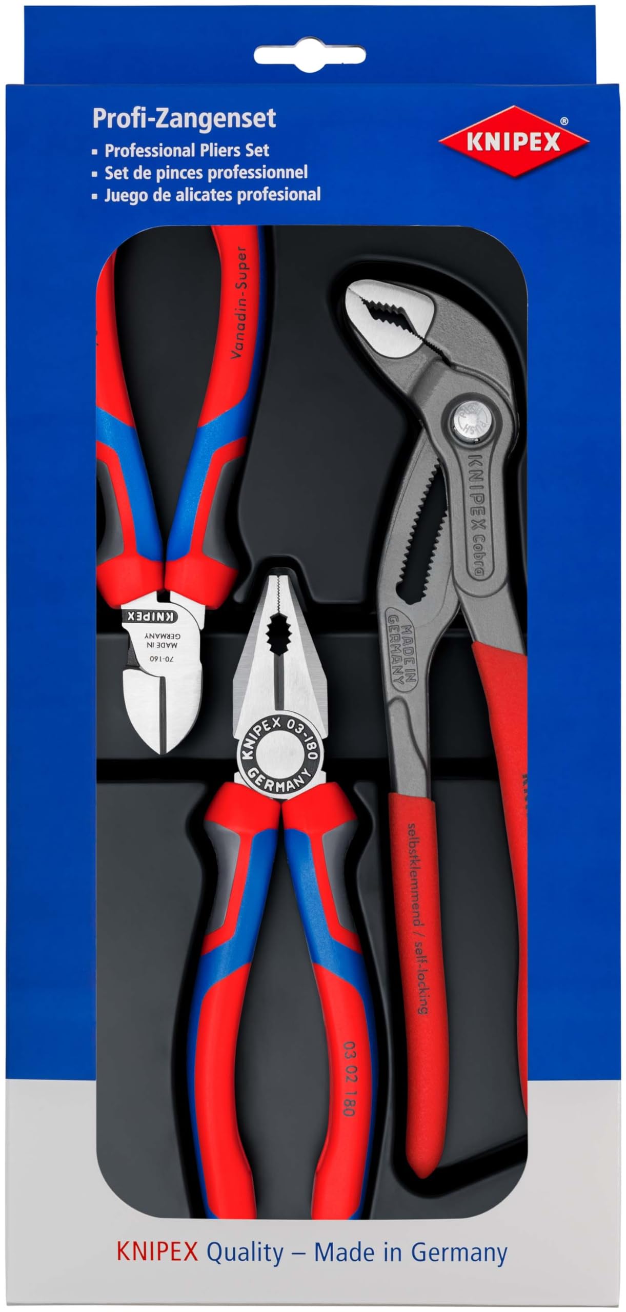 KNIPEX BestSeller Set 1 x 03 02 180, 1 x 70 02 160, 1 x 87 01 250 Self-Service Card, 00 20 09 V01