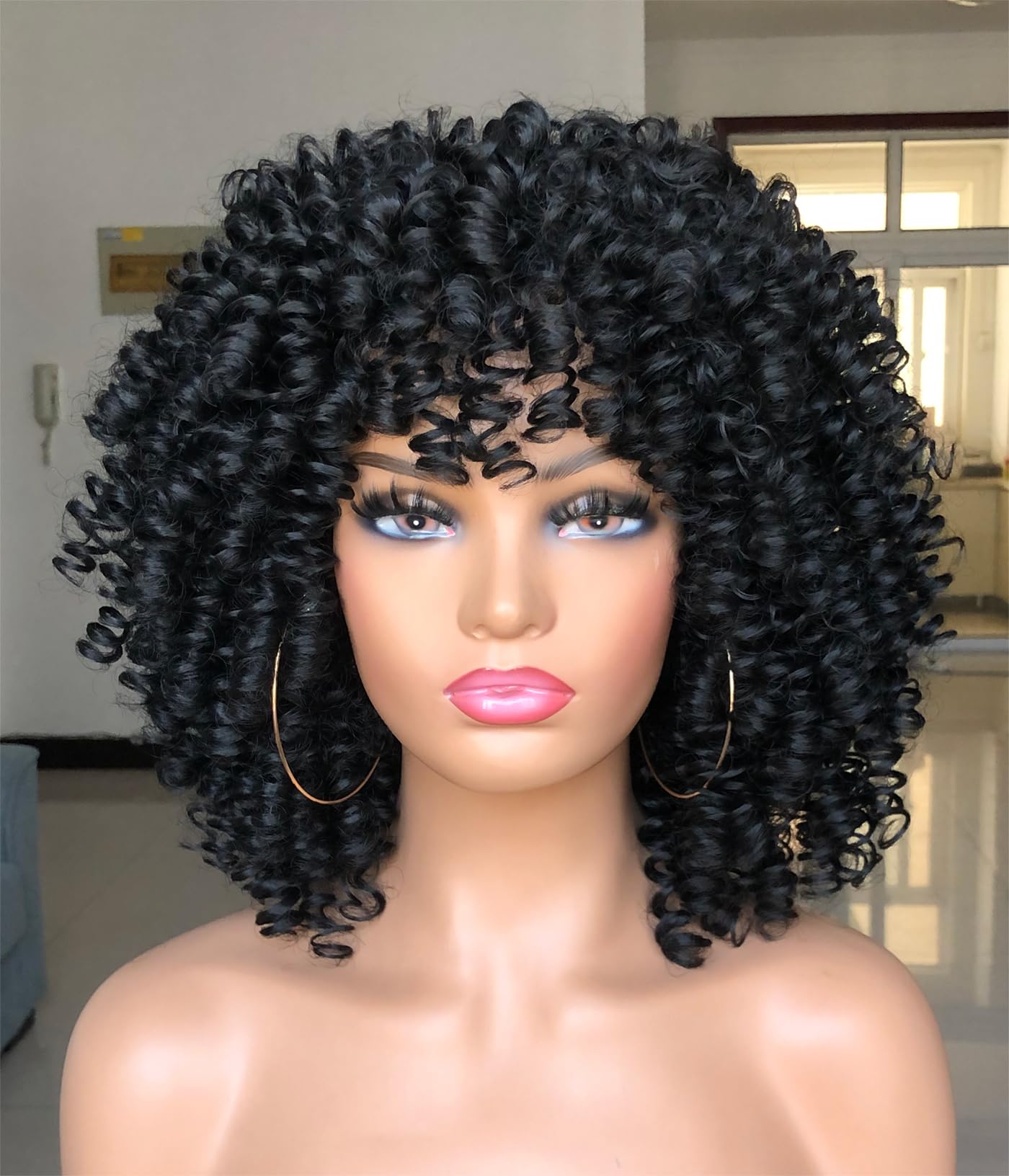 ISAMY Curly Afro Wig with Bangs Short Kinky Curly Wigs for Black Women Synthetic Fiber Soft Hair Short Curly Afro Wig（Black）
